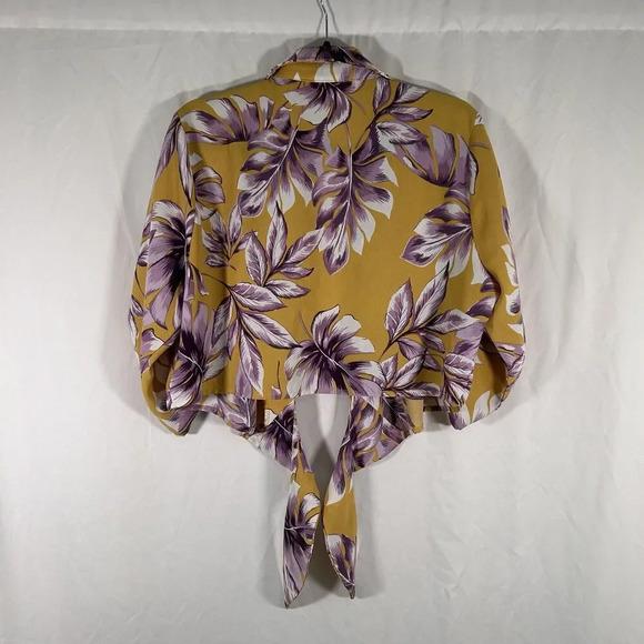 Find Me Plus Blouse Women's 1XL Yellow Floral 3/4 Sleeve Tie Front - Picture 8 of 10